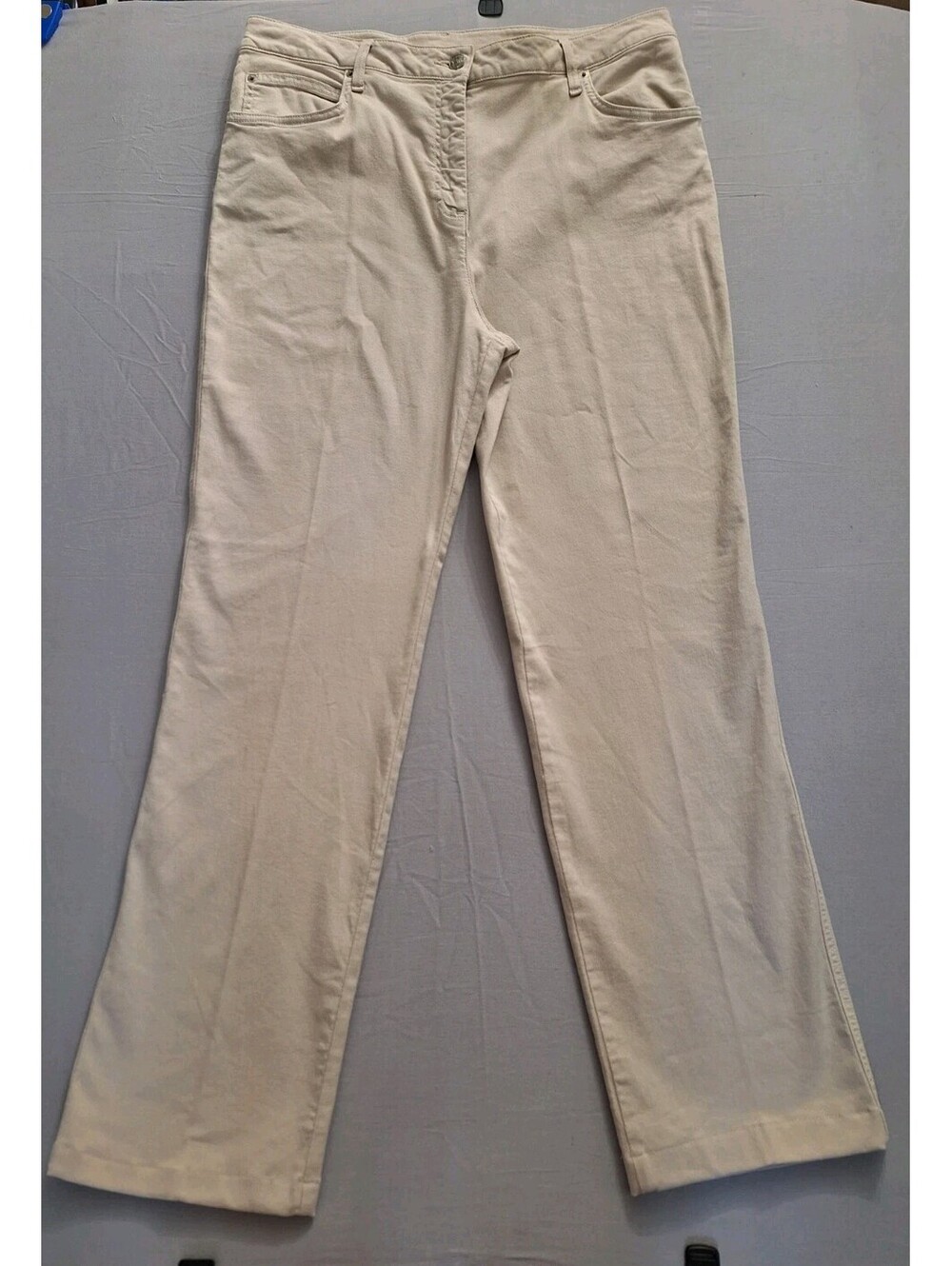 St. John Yellow Label Straight Leg Pants Tan Size 14 Gold Logo Button USA Cotton